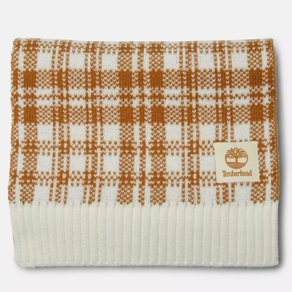 Timberland Wheat Mustard Yellow White Plaid Knit Acrylic Scarf Unisex